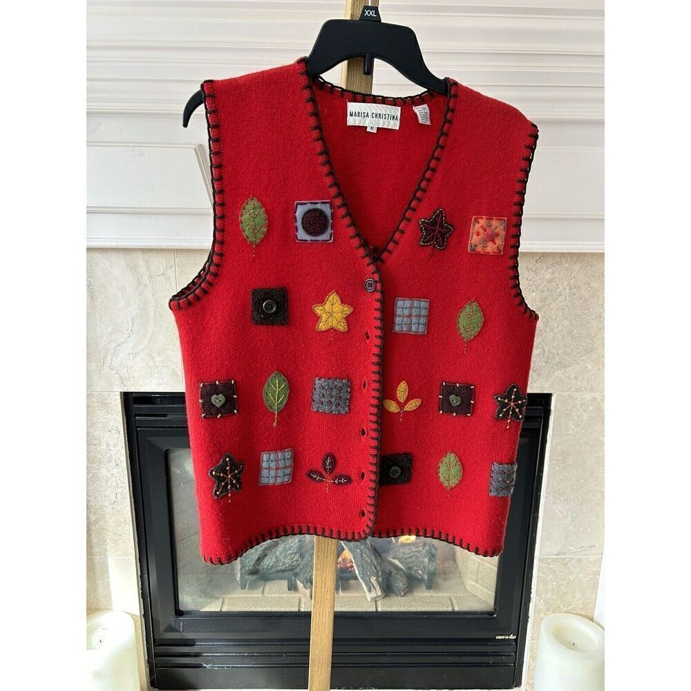 Marisa Christina Christmas Vest 100% Wool Red Patchwork Size Medium.